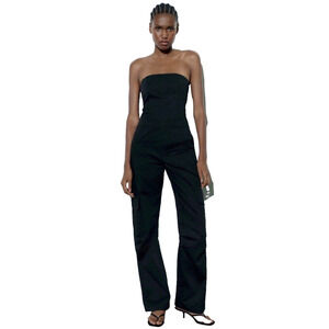 ZARA Cargo Jumpsuit Women Strapless Wide Leg Black Party Going Out Sleeveless XS